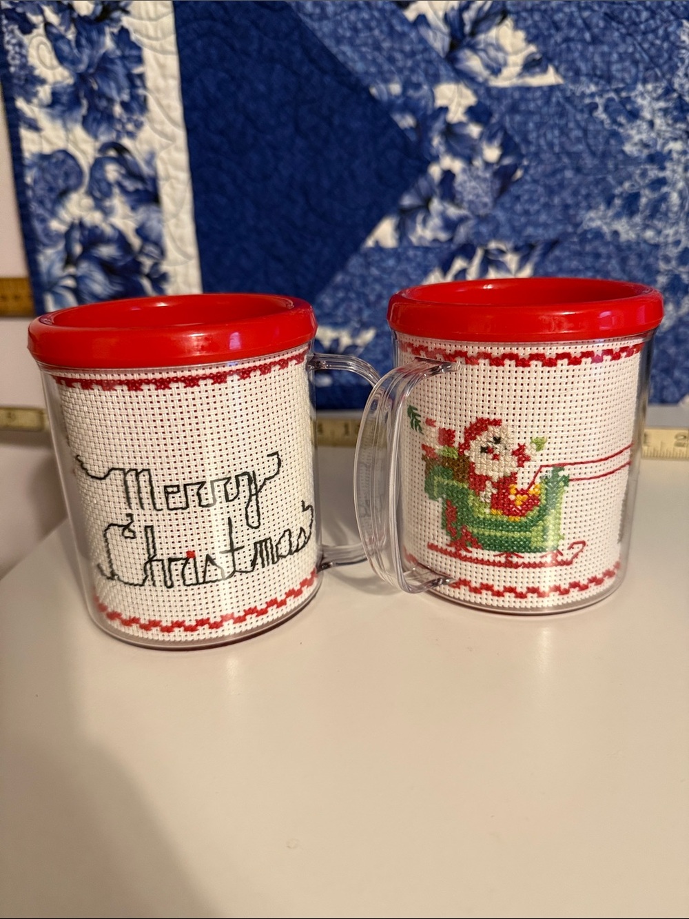 Hand Crafted Red and White Merry Christmas Cross-Stitch Mug Set. Granny core
